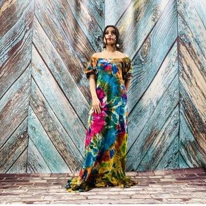 Hand Tie Dye Cotton Celeste Festival Maxi Dress